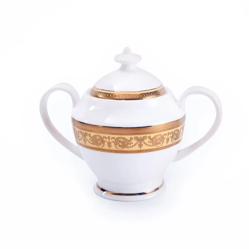 product-Two Eight-Western Decal Bone China Crockery Golden Hotel Tea Set, Hotel Tableware Supplierd 
