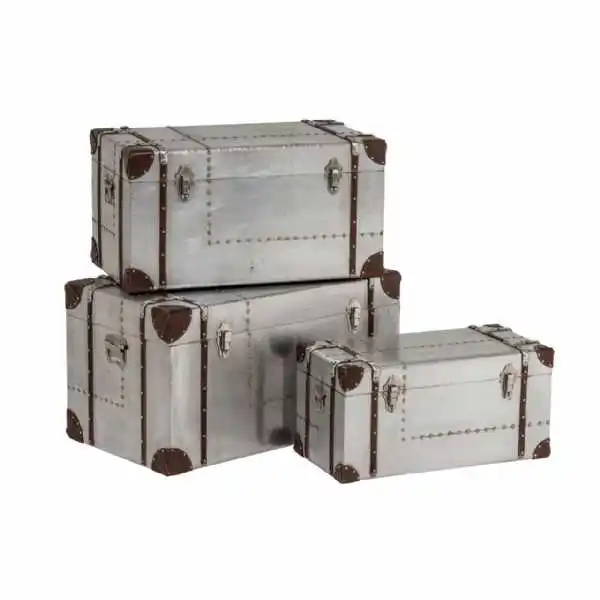 aviator set of three industrial aluminium and leather storage