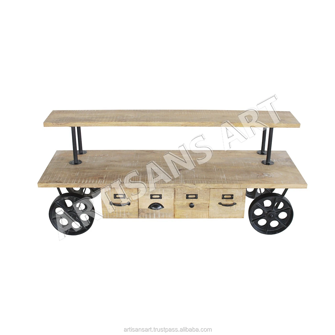 Vintage Industrial Metal Wood 4 Drawer Tv Stand On Wheels Modern