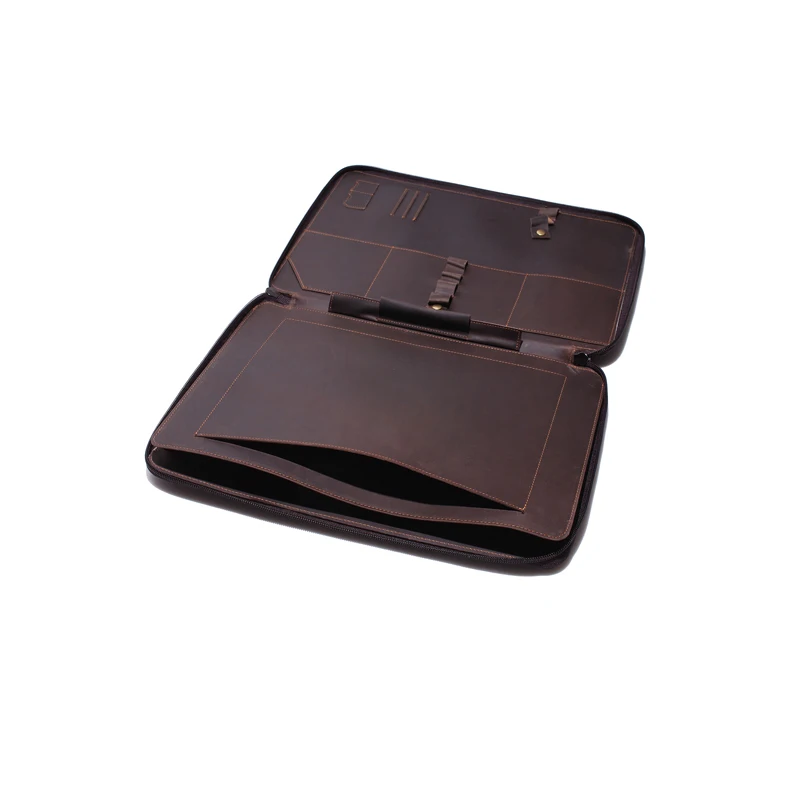 Fits A4 file documents travel vintage leather briefcase business men zipper organizer leather portfolio file folder 