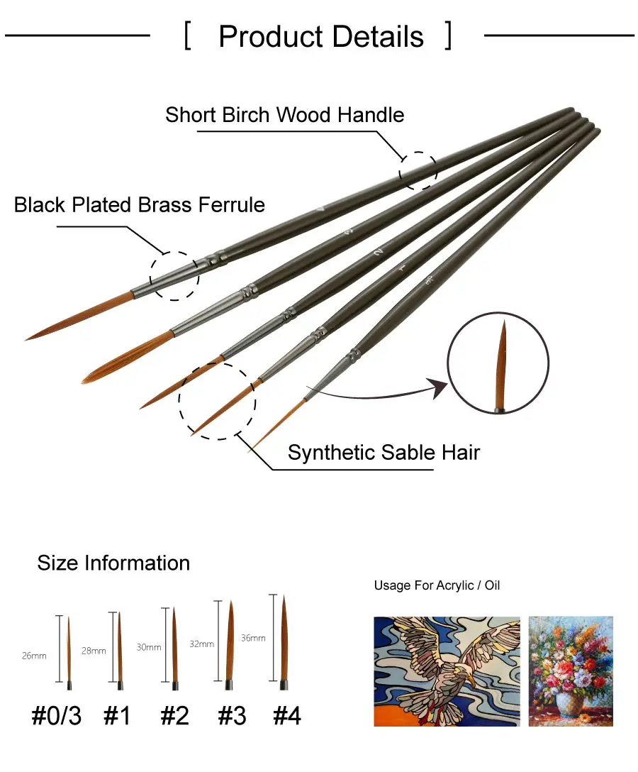 5pcs Detail Nylon Hair Paint Liner Brushes Set Miniature Brushes For