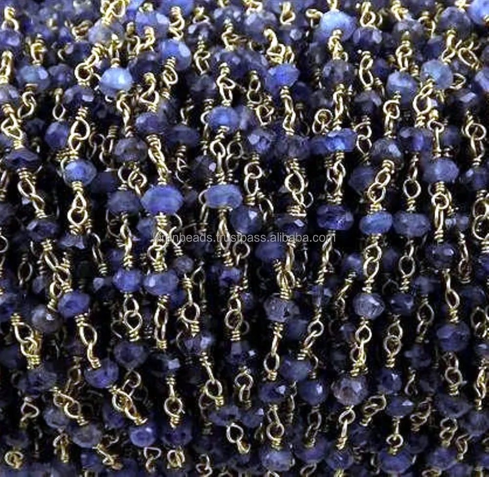 Natural Iolite Rosary Chain Gold Plated Wire Wrapped Gemstone Necklace Jewelry Making Chain