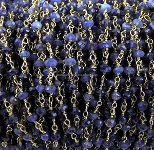 Natural Iolite Rosary Chain Gold Plated Wire Wrapped Gemstone Necklace Jewelry Making Chain