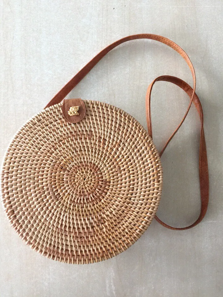 Vintage Round Woven Rattan Bag With Leather Strap - Buy Rattan Bag ...