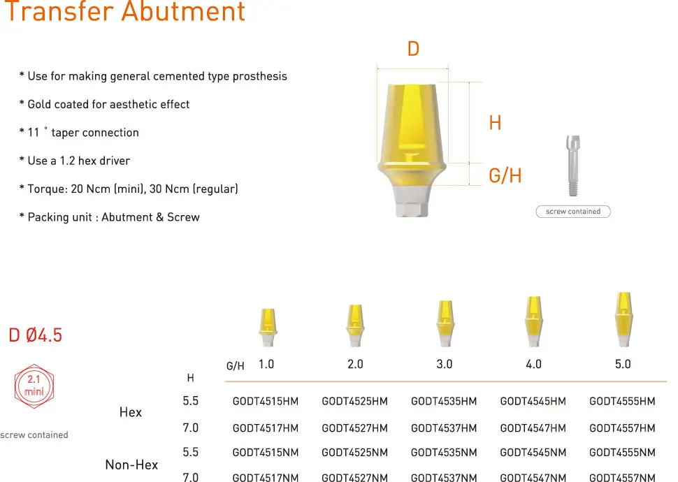 D4.5 Dental Implant Transfer Abutment / Transfer Abutment / Compatible