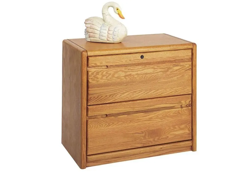 Medium Oak Two Drawer Wood Lateral File - 34"W x 19.5"D x 29"H Dimensions: 33.75"W x 19.5"D x 29"H Weight: 163 lbs.