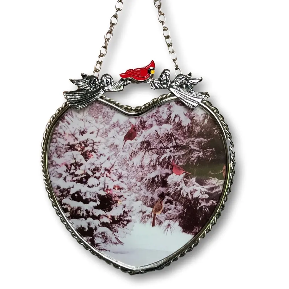 BANBERRY DESIGNS Cardinals Suncatcher - Glass Heart Sun Catcher with Cardinals and Pine Trees - Hanging Heart Window