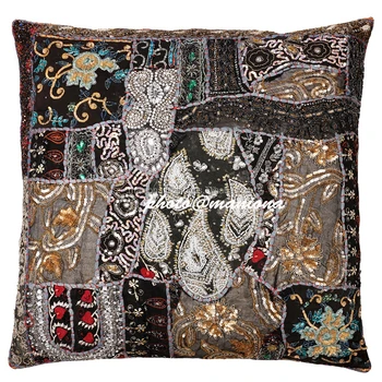 Black Indian Sari Decorative Throw Pillow Cover Beaded Bollywood