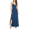Blue lace up back long evening prom dress