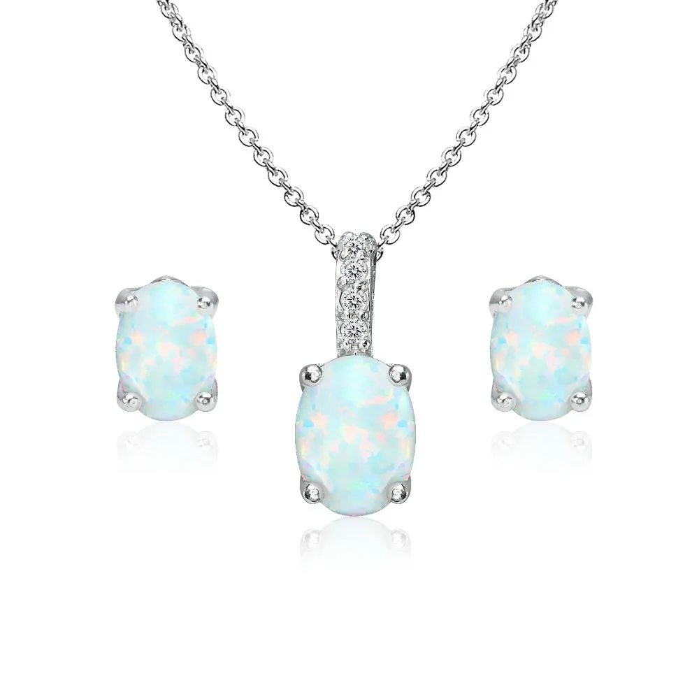 925 Sterling Silver,Created Opal Gemstone Necklace And Stud Earrings