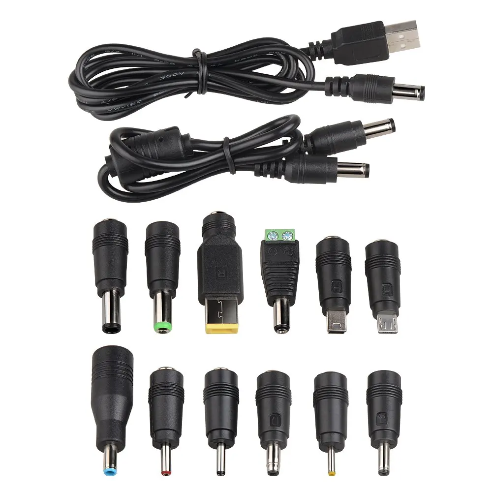 Onite 14 in 1 DC Tips Set of Laptops Connector for Repairing, Male to Male Cables: 5.5*2.1mm to 5.5*2.1mm, USB 2.0 to 5.5*2.1mm; Female to Unconventional Male Jacks: 5.5*2.1mm to X1Carbon, 6.5*3.0mm, 6.0*4.4mm, 4.8*1.65mm, 4.5*3.0mm, 4.0*1.35mm, 3.5*1.3mm, 3.0*1.1mm, 2.5*0.7mm, Mcro USB, Mini USB,