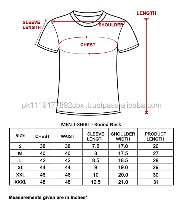 blank polyester t shirts wholesale size chart