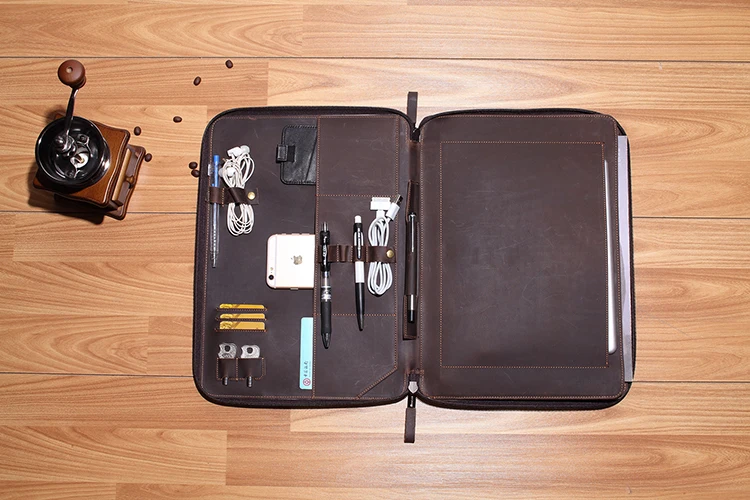 Fits A4 file documents travel vintage leather briefcase business men zipper organizer leather portfolio file folder 