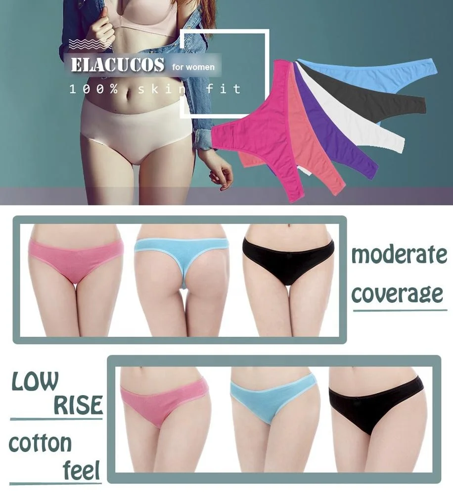 ELACUCOS 6 Pack Womens Thongs Cotton Breathable Panties Bikini Underwear