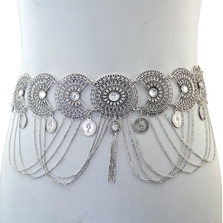 Idealway Bohemian Vintage Body Chain Silver Sun Flower Pendant Necklace Belt Chain Women Jewelry