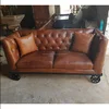 New vintage old living room furniture ; two seats vintage leather sofa with wheels ; old style leather sofa