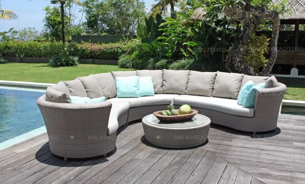 Garden Handmade 100 Weaving Pe Rattan Wicker Outdoor Large Curved C Shape Sofa Set Chaise Lounge Furniture