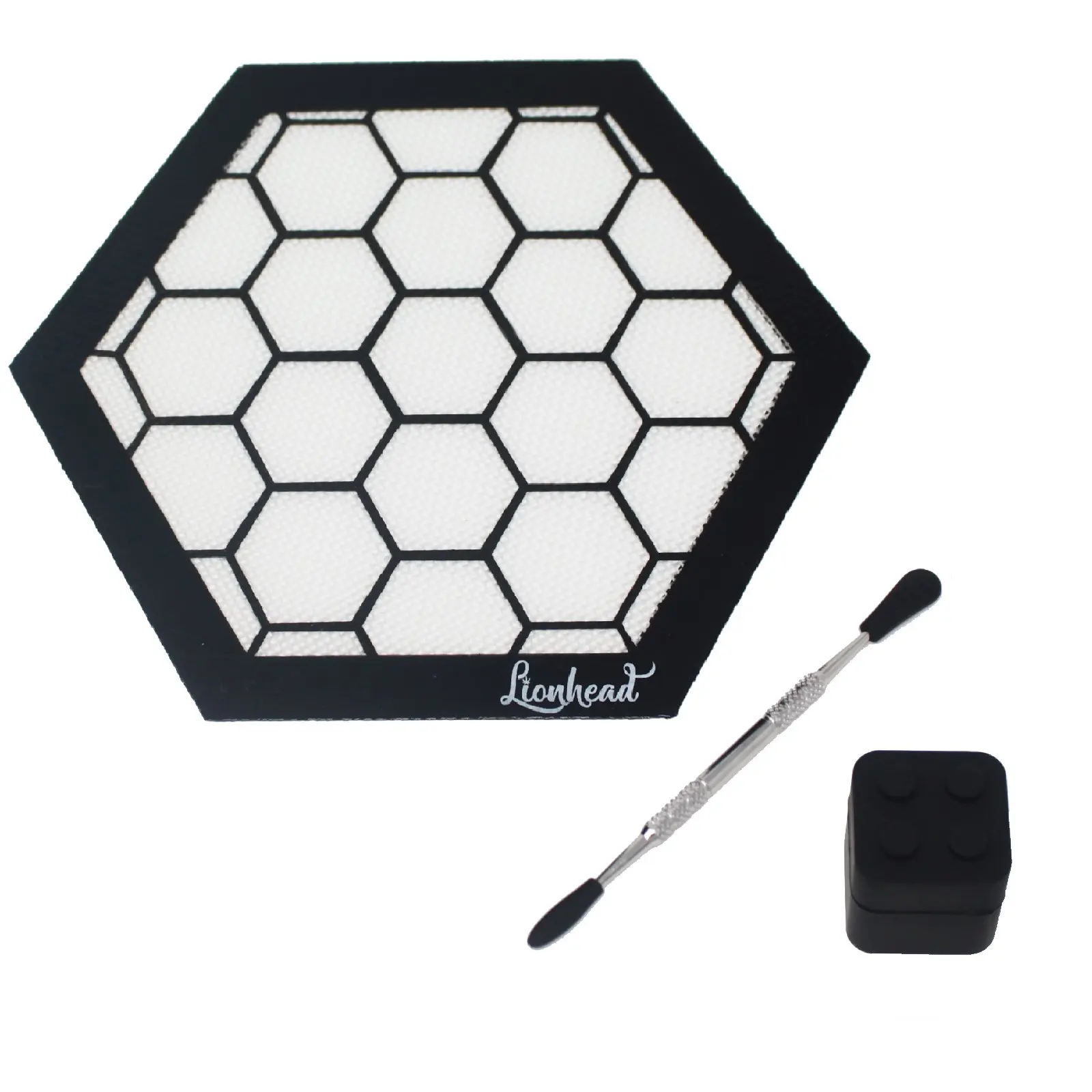 Silicone Mat Bundle - 8" Hexagon Mat + 5" Carving Tool + 7ml Non-Stick Container + Sponge - Lionhead (Honeycomb)