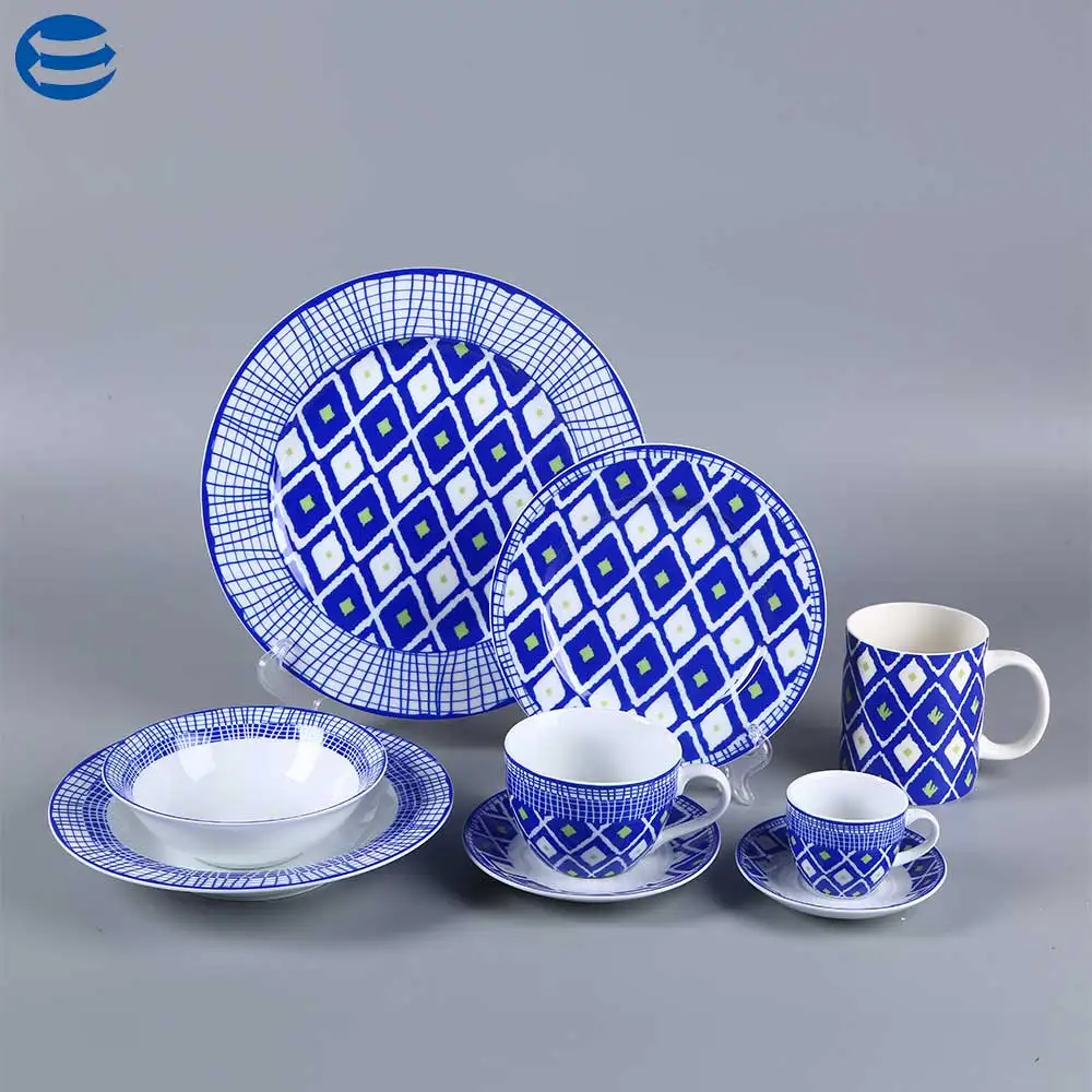 Luxury Blue Fine Porcelain Bone China Royal Dinner Set With Grids Decal