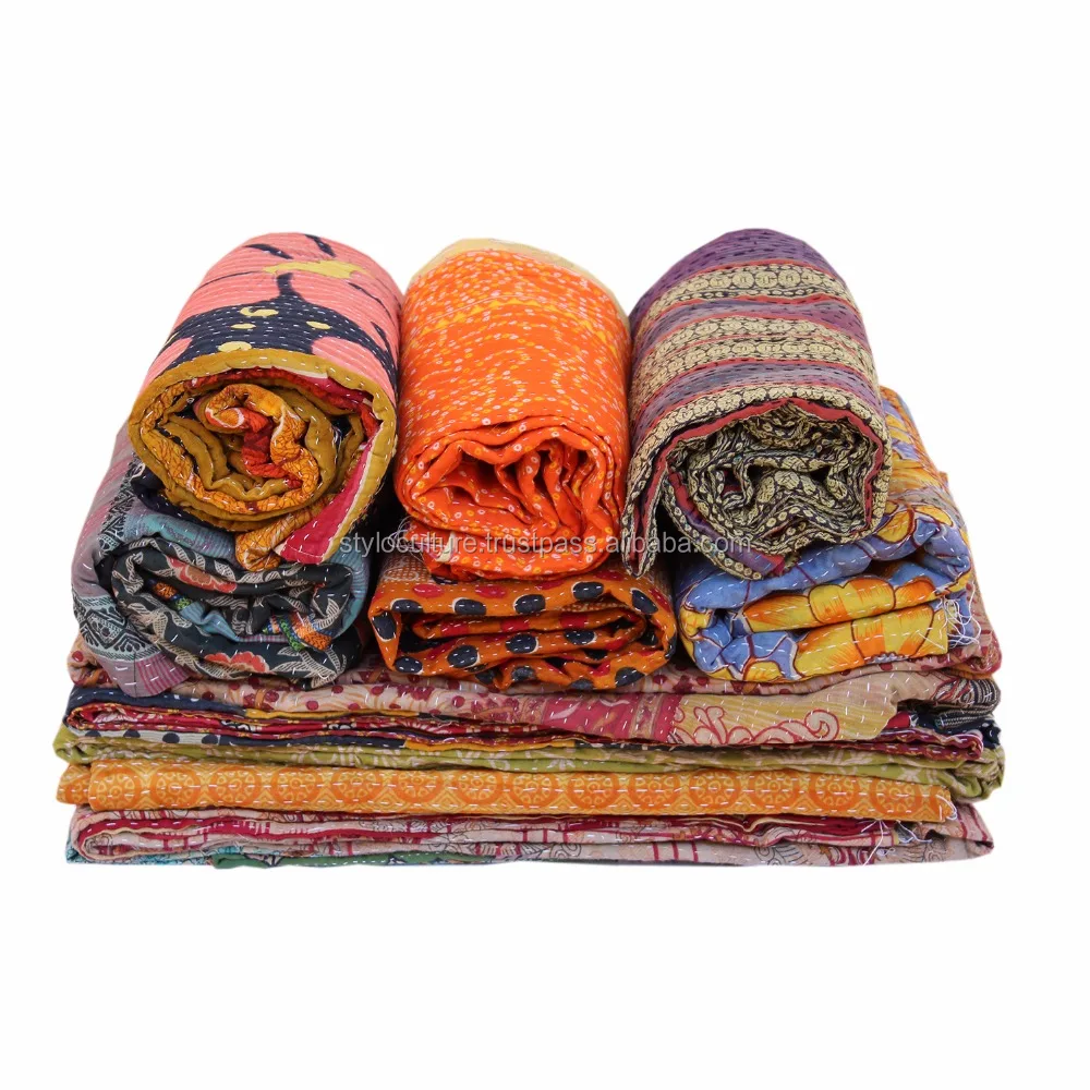 Handmade Orange King Kantha Quilt Blanket Bedspread Reversible Throw Ralli Gudri