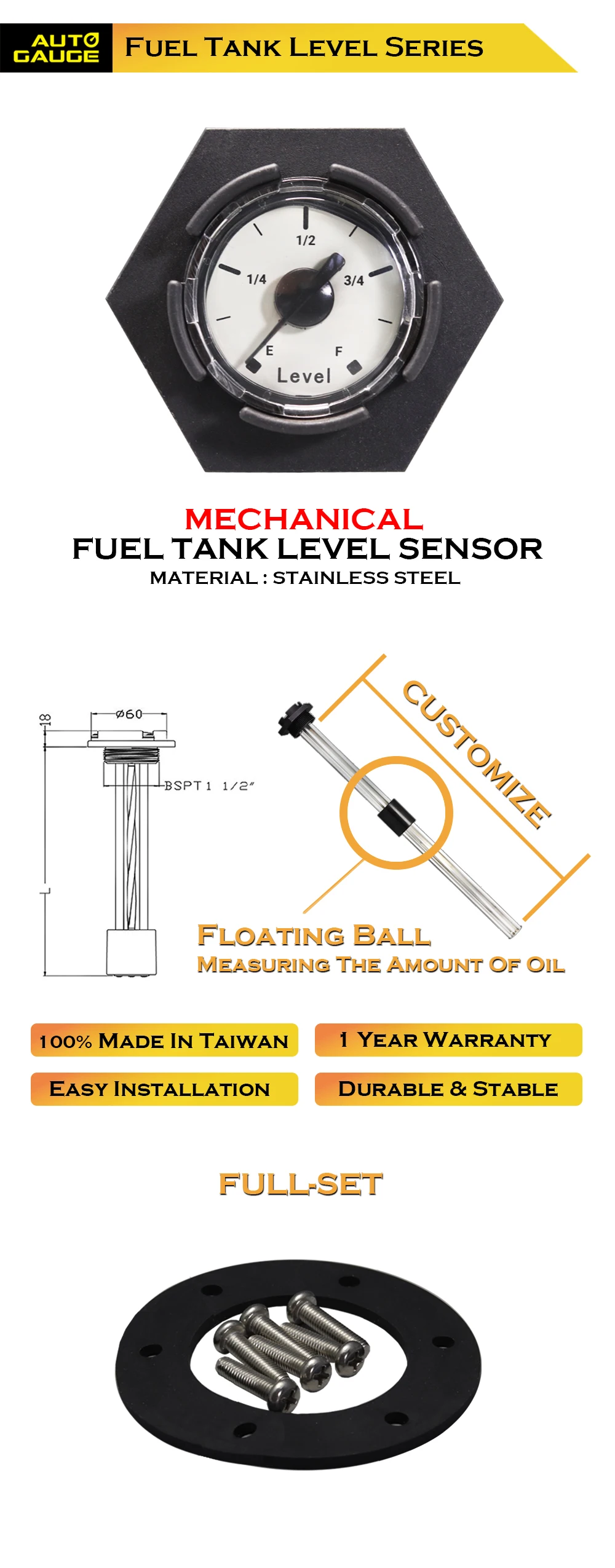 450mm electrical fuel tank level gauge for Marine Products from MOTOR