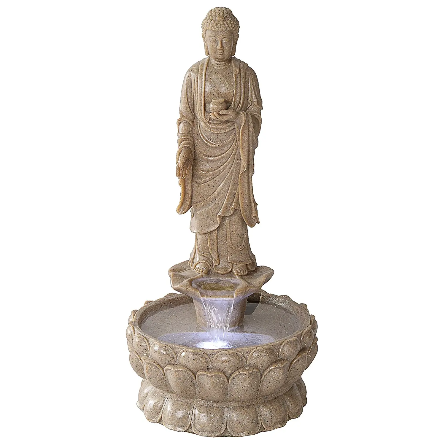 resin meditating buddha on column patio fountain with led light