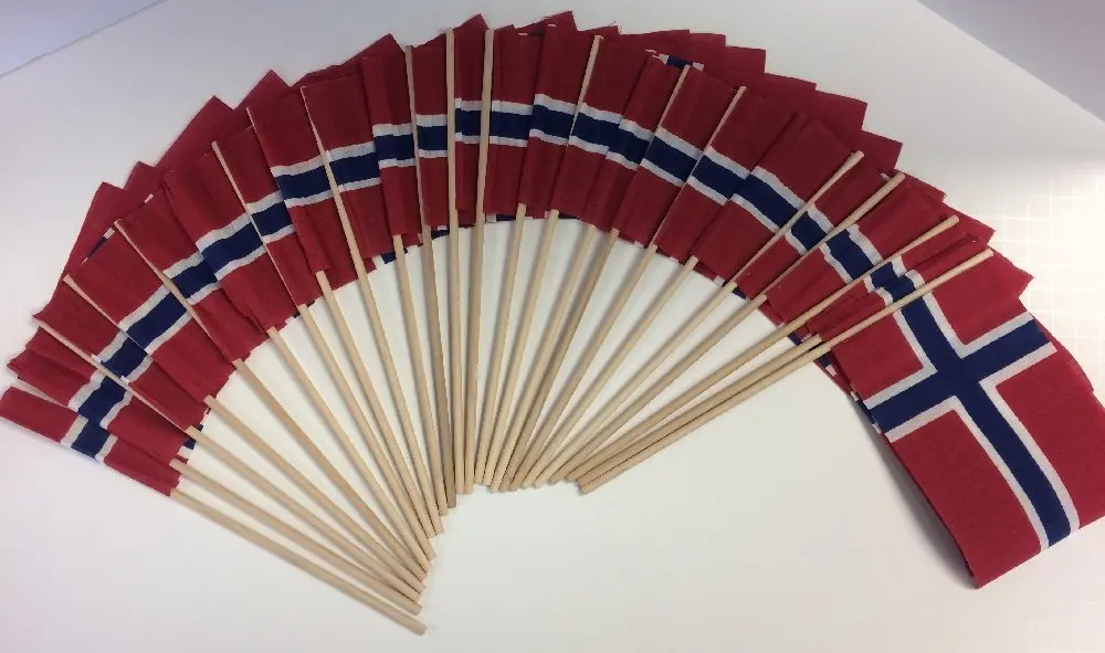 Made in The USA!! Pack of 24 Cotton 4"x6" Norway Miniature Desk & Little Table Flags, 2 Dozen 4"x 6" Norwegian Small Mini Stick Flags (Flags Only)