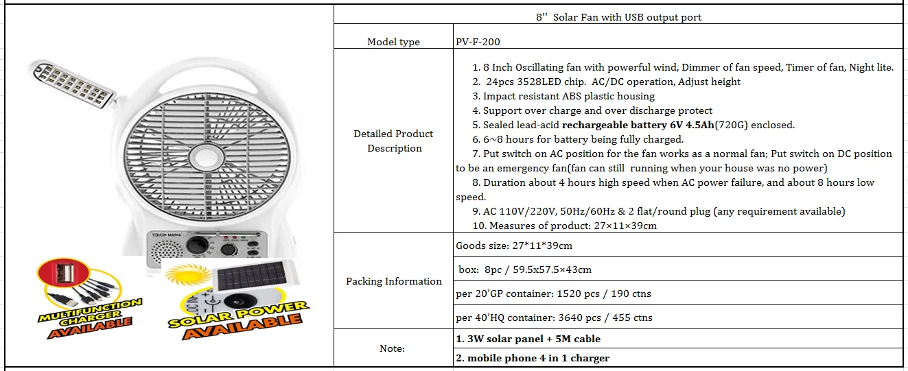 Factory 16" AC DC 12V solar emergency rechargeable fans with light