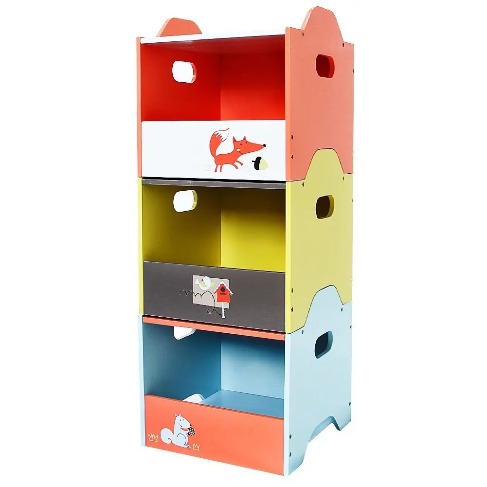 labebe Wooden Toy Storage Bin, 3-Color Combined Stackable Fox Toy Bin, Open Door Baby Toy Chest with 3 Layers for Baby, Toy Storage Box/Kid Toy Box Set/Colorful Storage Bin/Boy&Girl Storage Toy