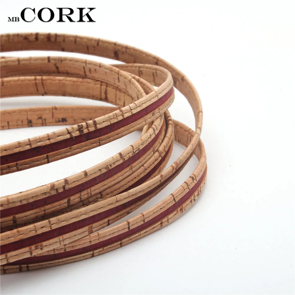 Portuguese Cork 10mm flat rustic natural cork with wine red cord 10mm leather jewelry finding, craft supply Cor-203