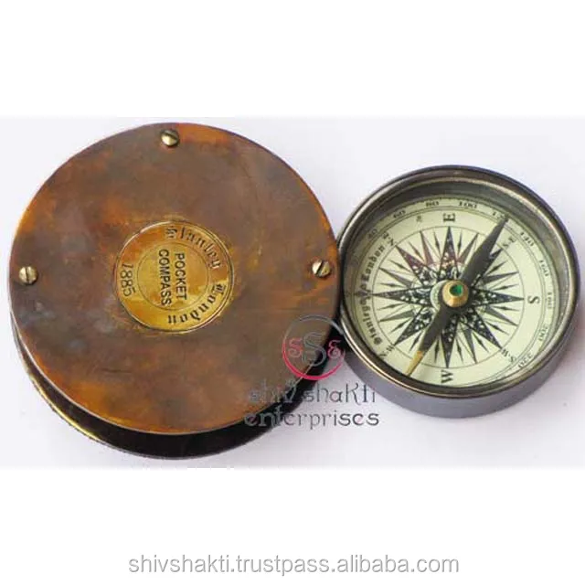 Antiker Messing Kompass Stanley London Mit Gedicht 2" Kompass Braun Leder Fall 