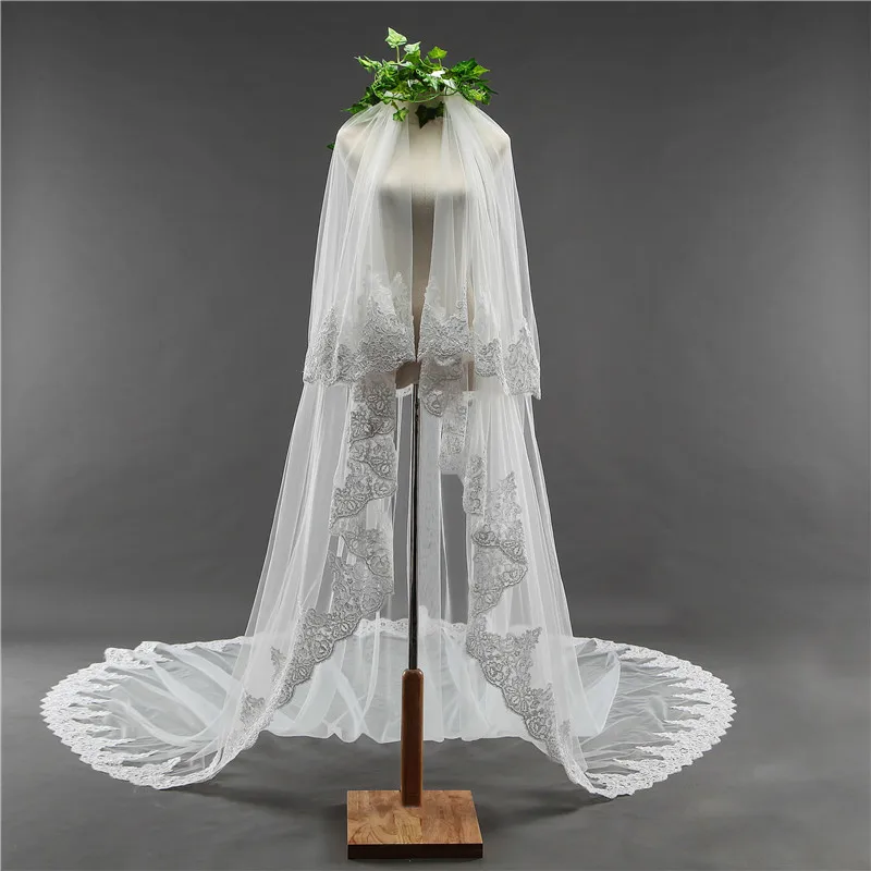 White Ivory Cathedral Wedding Veils Long Lace Edge Bridal Veil with Comb Wedding Accessories Bride Veil