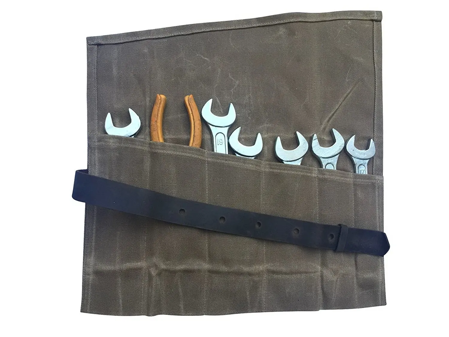 Waxed Canvas Tool Roll Bag Waterproof Wrench Roll Organizer Knife Roll Pouch with Leather Buckle Multi-Purpose Organizer Case Bag For Daily Catering Knife or Tools Handling HGJ03-D
