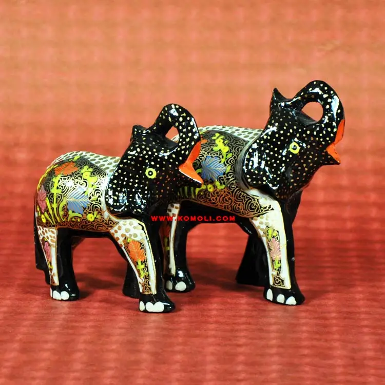 Hand Painted Black Floral Elephant Family Indian Kashmir Papier Mache
