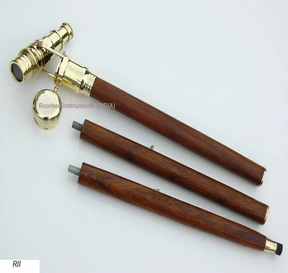 Solid Brass Telescope Handle Wooden Walking Stick Cane foldable Hidden Spyglass 