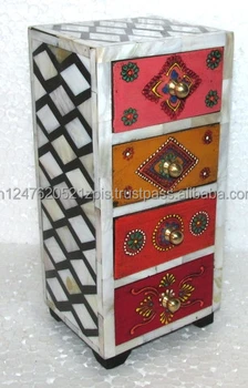 Wooden Bone Inlay Rustic Drawers Hand Painted Bedside Cabinet