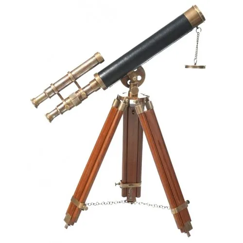 Telescopio de latón brillante marítima Vintage Doble barril hecho a mano con trípode de madera 