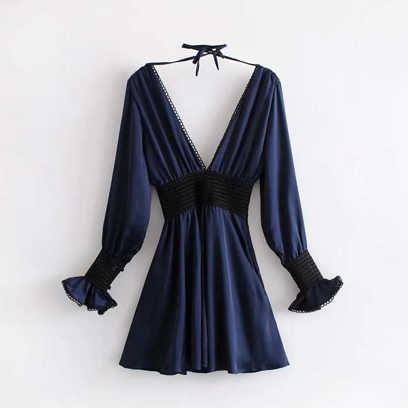  OEM ODM Clothing Woman Sexy See Through Navy Long Sleeve Deep V Neck BOHO Beach Dress