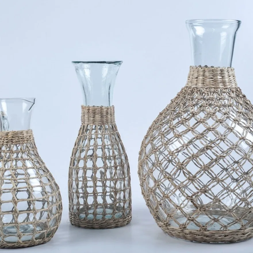 Vintage Wicker Wrapped Glass Pitcher Holder Handcraft 100 Seagrass
