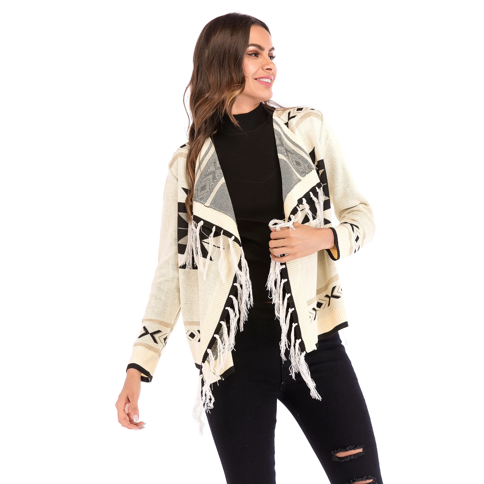 Geometric Pattern Fringed Shawl Overcoat With Color Long-sleeve Knit ...