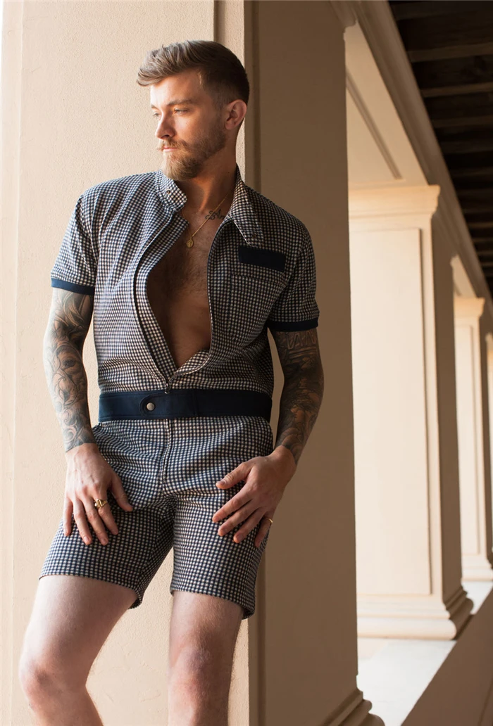 Plaid Zipper Mens Romper Cozy Adult Men Zip Short Sleeve Rompers Custom