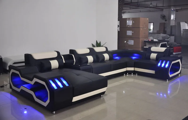 Modern Living Room Real Leather Sofa Set With Fascinating Led Lights