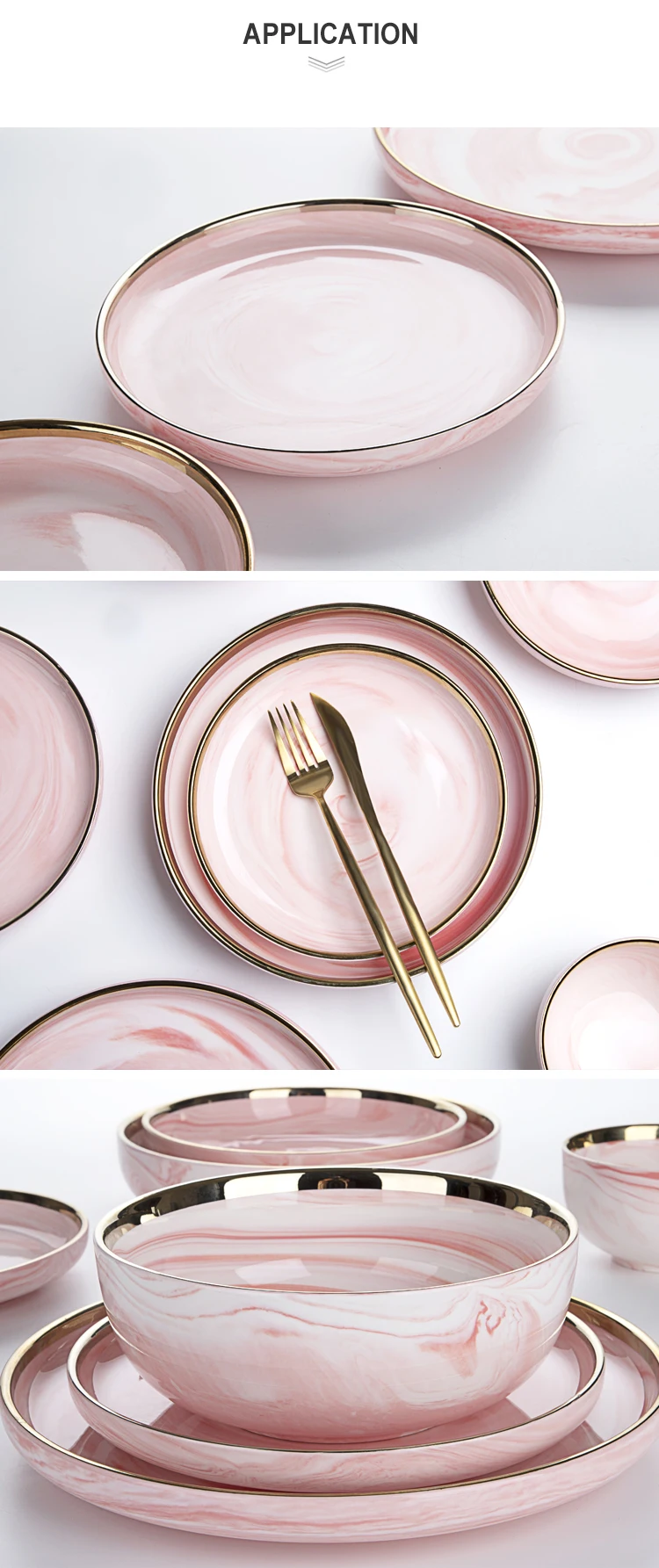 Ceramic Dinner Plates India Hotel Tableware Supplied Gold Dinner Set Marble, Popular Crockery Tableware Gold Pink Marble Plate@
