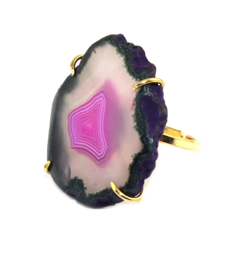 Marvellous Natural Agate Slice Druzy 24k Gold Plated Adjustable Ring Jewelry