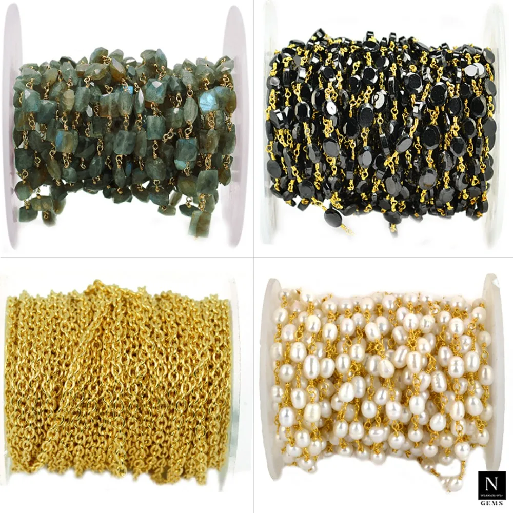 Wholesale Wire Wrapped Link Chain Golden Pyrite Rosary Beads Chain Roll