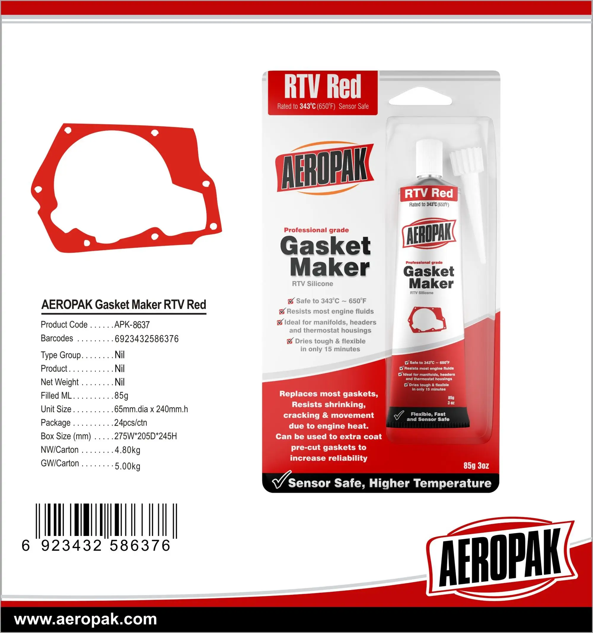 Aeropak RTV Silicone Gasket Maker Adhesive Sealant With Black Red Color