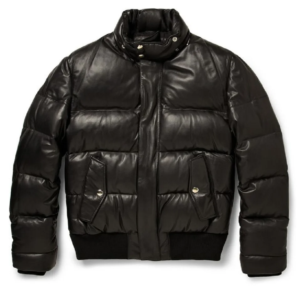 Men Pilot Puffer Hooded Bomber Premium Italian Quilted Leather Jacket