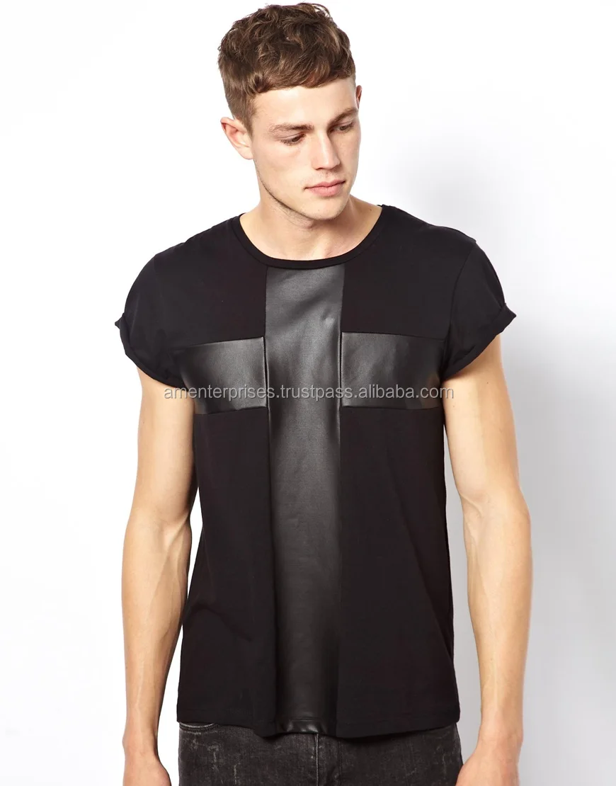 mens black shirt with leather sleeves