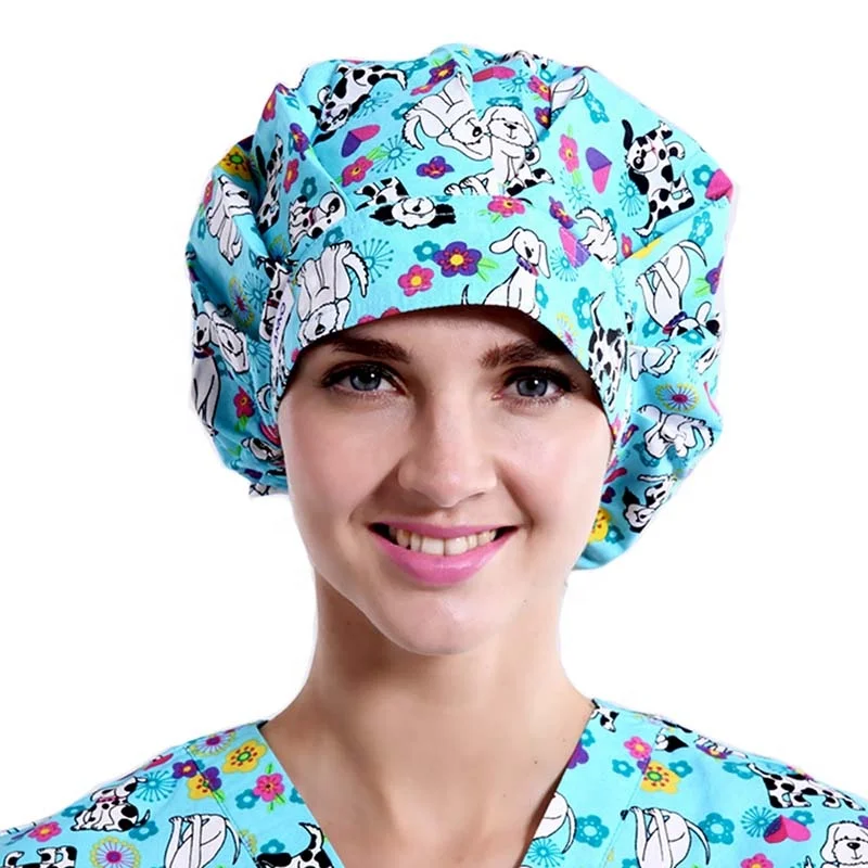 Adjustable Surgical Scrub Cap Printed Doctor Bouffant Hat Sweatband Working Cap for Doctor Nurse Blue