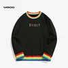 MGOO Rainbow ribbed trim sweatshirt Custom silk screen printing colorful letter french terry sweatshirt
